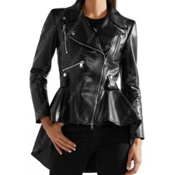 Women Asymmetrical Zipper Black Leather Jacket