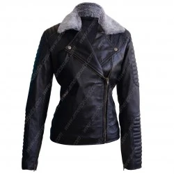 Women Biker Padded Black Leather Jacket