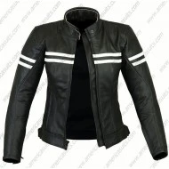 Women Black Biker Jacket With Stripes