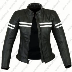 Women Black Biker Jacket With Stripes