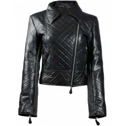 Women Black Leather Quilted Biker Jacket
