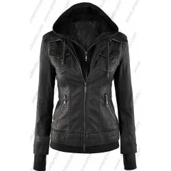 Women Bomber Moto Hoodie Leather Jacket