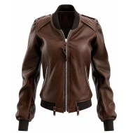 Women Chocolate Brown Leather Bomber Jacket