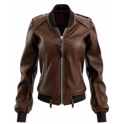 Women Chocolate Brown Leather Bomber Jacket