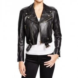 Women Belted Cropped Leather Jacket