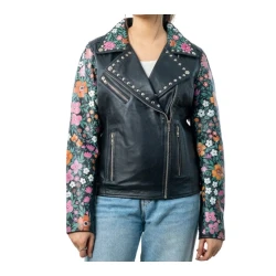Women Floral Sleeve Black Leather Biker Jacket
