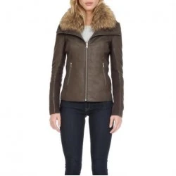 Women Leather Jacket Raccoon Fur Collar