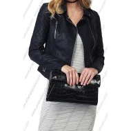 Women Long Sleeve Zipper Closure Motorcycle Faux Leather Jacket