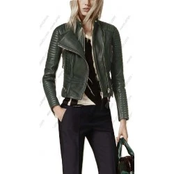 Women Peplum Waist Green Leather Jacket