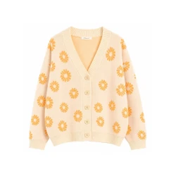 Women’s Beige Floral Knit Cardigan – Orange Daisy Button-Up Sweater