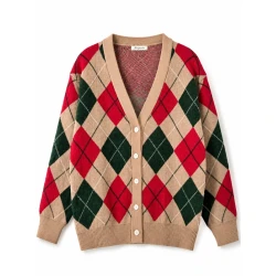 Women’s Beige Red and Green Argyle Knit Cardigan – Oversized V-Neck Button-Up Sweater