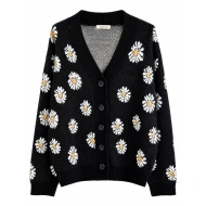 Women’s Black Daisy Knit Cardigan – Floral V-Neck Button-Up Sweater