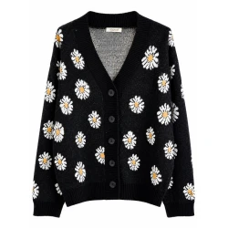 Women’s Black Daisy Knit Cardigan – Floral V-Neck Button-Up Sweater