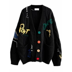 Women’s Black Graphic Patchwork Cardigan – Oversized V-Neck Button-Up Knit Sweater