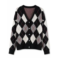 Women’s Black Grey and White Argyle Knit Cardigan – V-Neck Button-Up Sweater