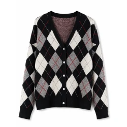 Women’s Black Grey and White Argyle Knit Cardigan – V-Neck Button-Up Sweater