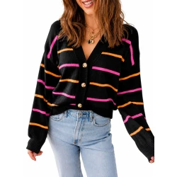 Women’s Black Pink and Orange Striped Knit Cardigan – Oversized V-Neck Button-Up Sweater