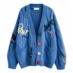 Women’s Blue Graphic Patchwork Cardigan – Oversized V-Neck Button-Up Knit Sweater