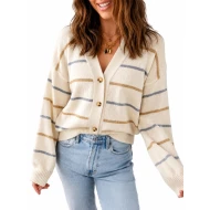 Women’s Cream Striped Knit Cardigan – Oversized V-Neck Button-Up Sweater
