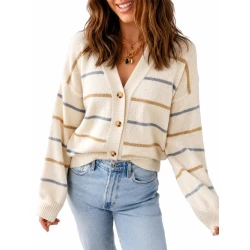 Women’s Cream Striped Knit Cardigan – Oversized V-Neck Button-Up Sweater