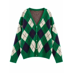 Women’s Green Argyle Knit Cardigan – Oversized V-Neck Button-Up Sweater