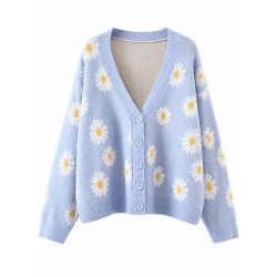 Women’s Light Blue Daisy Knit Cardigan – Floral V-Neck Button-Up Sweater