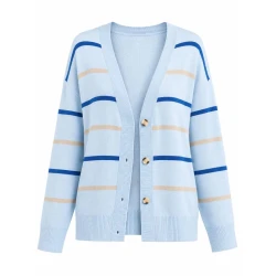Women’s Light Blue Striped Knit Cardigan – Oversized V-Neck Button-Up Sweater