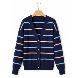Women’s Navy Blue Striped Knit Cardigan – V-Neck Button-Up Sweater