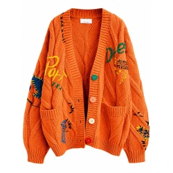 Women’s Orange Graphic Patchwork Cardigan – Oversized V-Neck Button-Up Knit Sweater