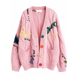 Women’s Pink Graphic Patchwork Cardigan – Oversized V-Neck Button-Up Knit Sweater