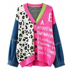 Women’s Pink Leopard Style Cardigan – Oversized Graphic Knit Sweater with Denim Sleeves