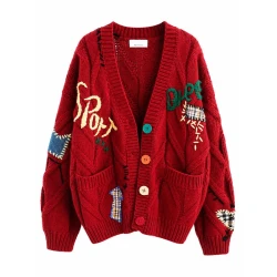 Women’s Red Graphic Knit Cardigan – Oversized Patchwork Button-Up Sweater