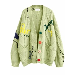 Women’s Sage Green Graphic Patchwork Cardigan – Oversized V-Neck Button-Up Knit Sweater Women’s Sage Green Graphic Patchwork Cardigan – Oversized V-Neck Button-Up Knit Sweater