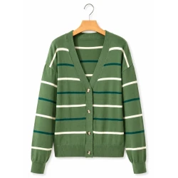 Women’s Sage Green Striped Knit Cardigan – V-Neck Button-Up Sweater