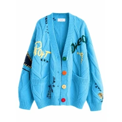 Women’s Turquoise Graphic Patchwork Cardigan – Oversized V-Neck Button-Up Knit Sweater Women’s Turquoise Graphic Patchwork Cardigan – Oversized V-Neck Button-Up Knit Sweater