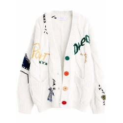 Women’s White Graphic Patchwork Cardigan – Oversized V-Neck Button-Up Knit Sweater Women’s White Graphic Patchwork Cardigan – Oversized V-Neck Button-Up Knit Sweater