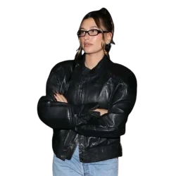 Hailey Rhode Bieber Black Leather Bomber jacket
