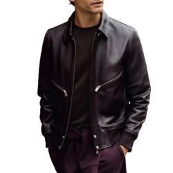 Minimalist Dark Brown Leather Bomber Jacket for Men