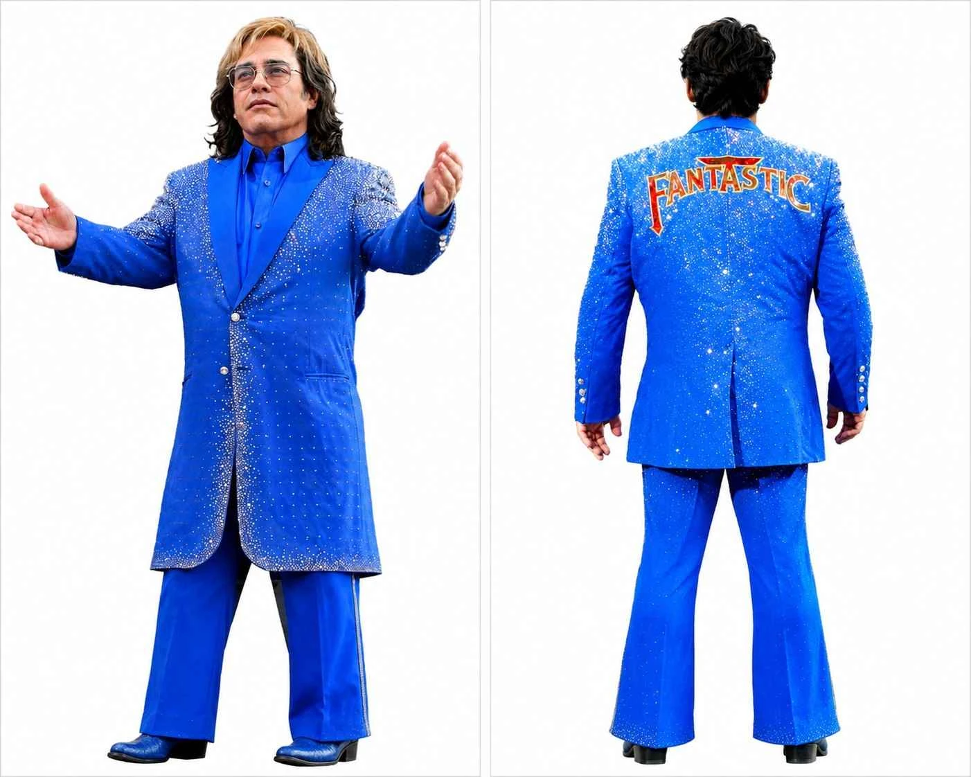 Elton John Captain Fantastic Blue Rhinestone Tailcoat Suit Front and Back View