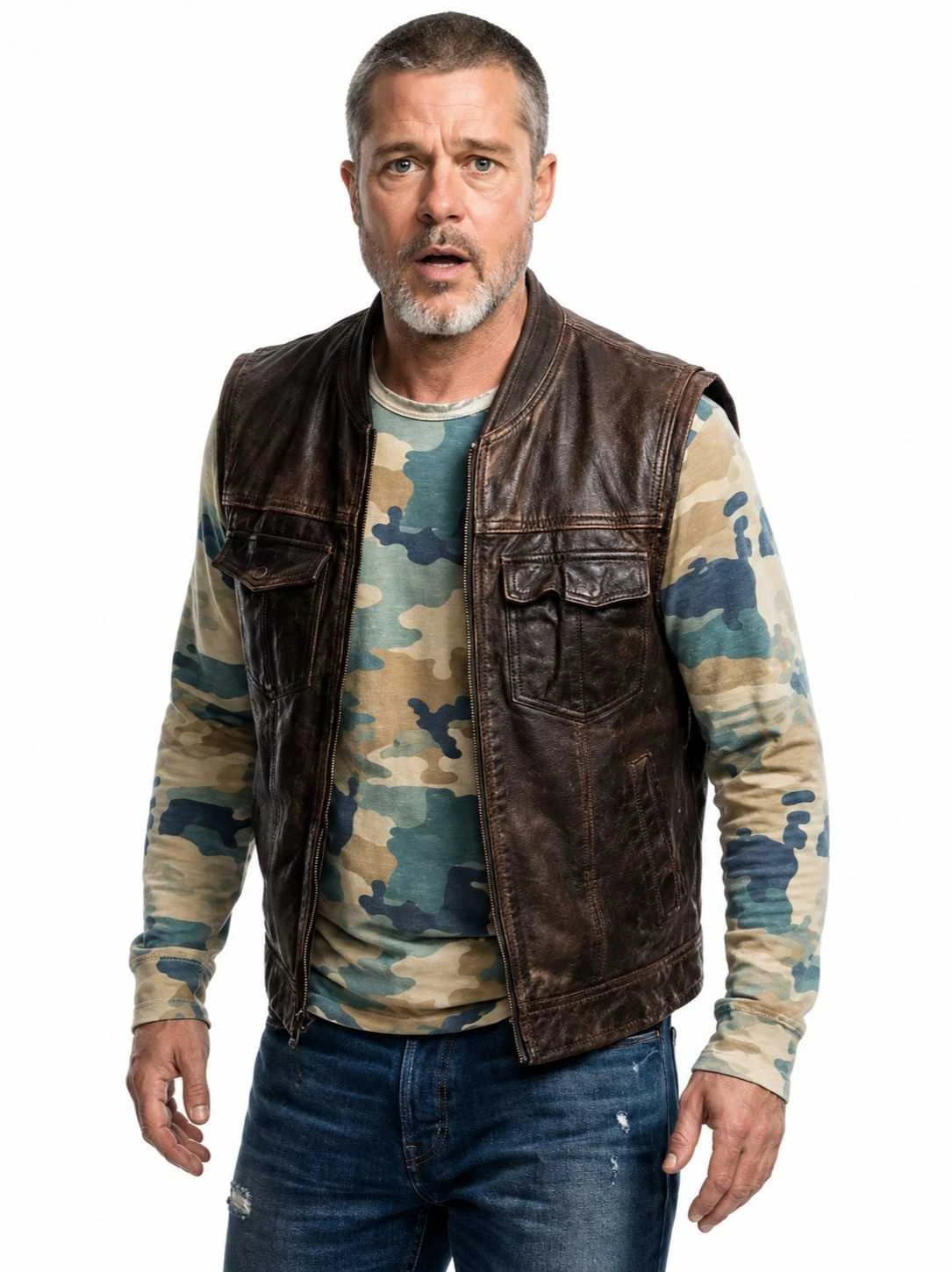 Brad Pitt wearing the Brown Leather Vest in Heart of the Beast 2026