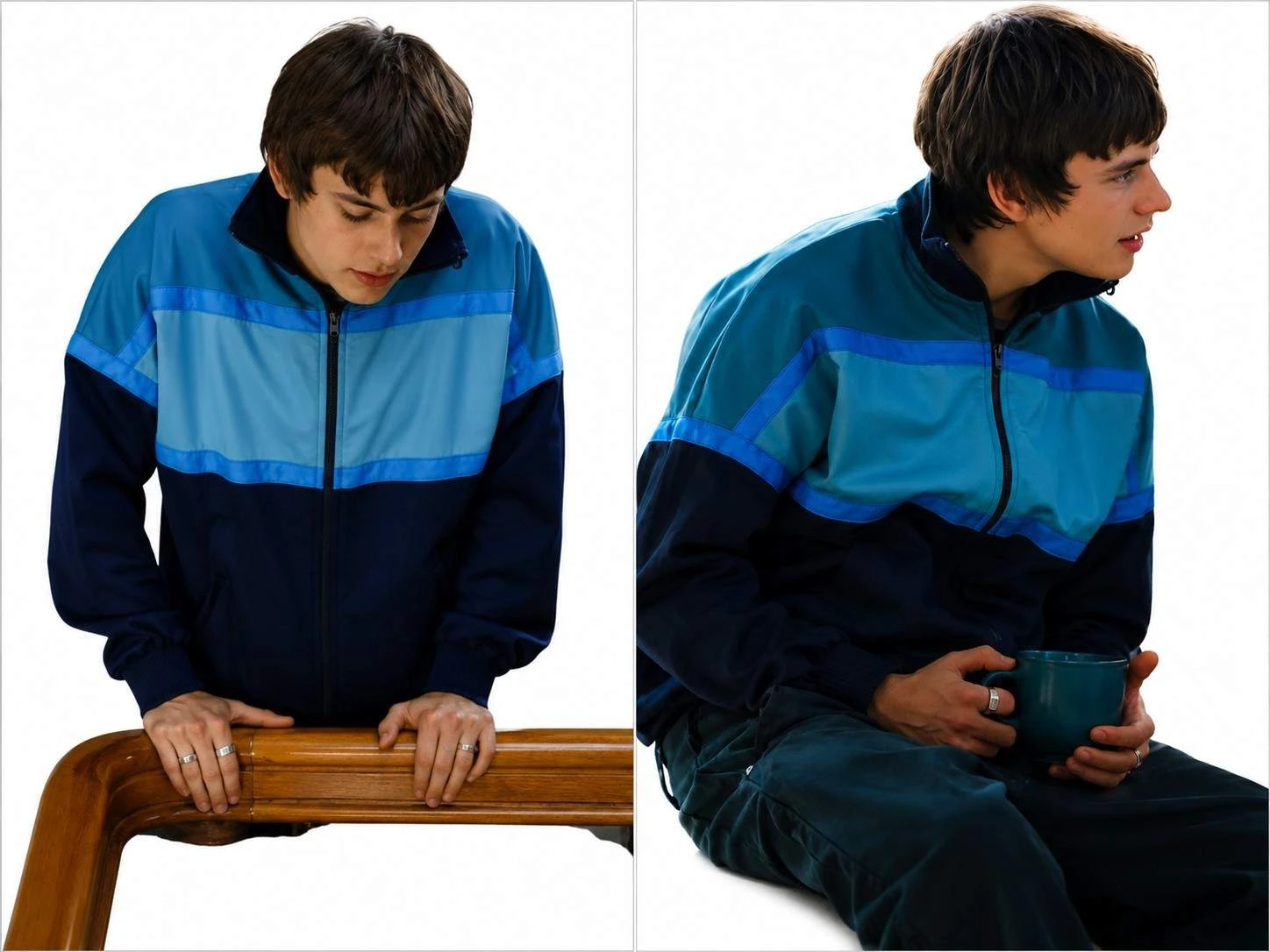 Spike Fearn wearing the Finding Emily 2026 blue track Jacket