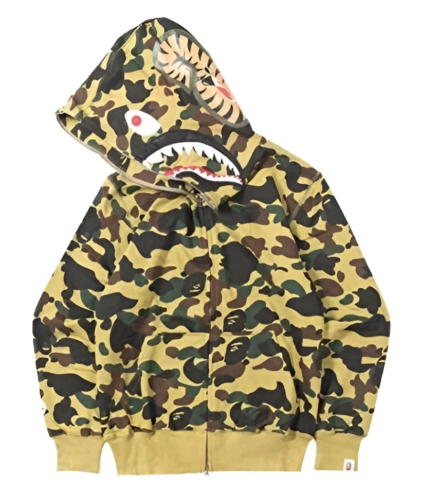 Bape camouflage shark hoodie yellow camo zip up streetwear hoodie