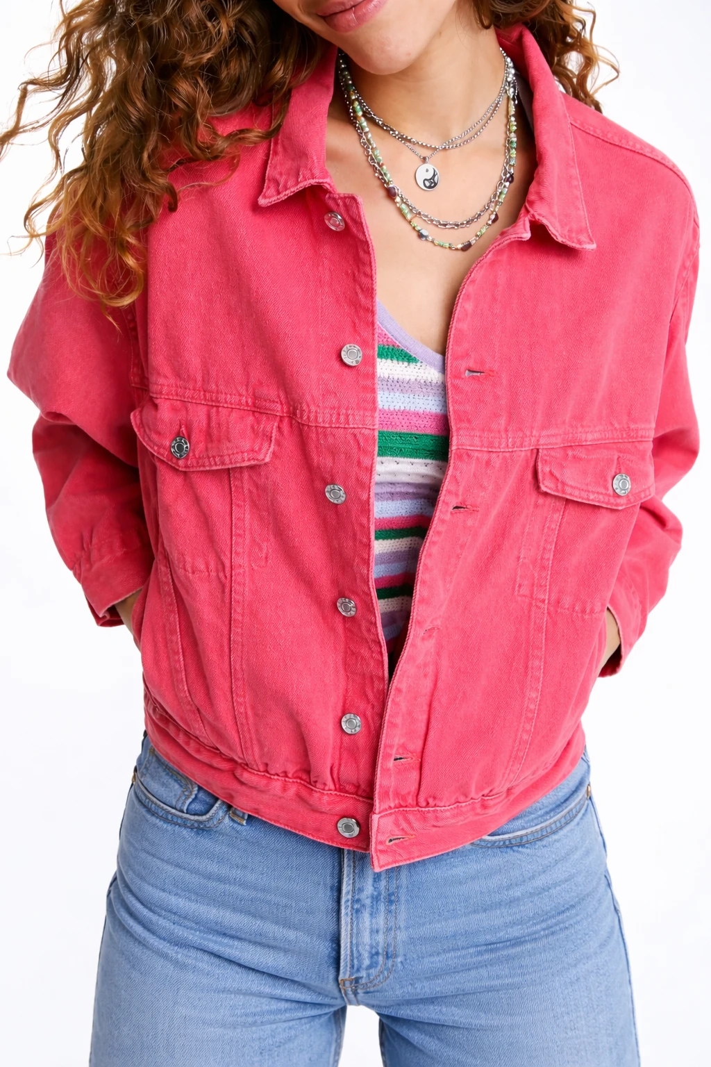 Emily Ratajkowski jacket, pink denim jacket women, celebrity pink jacket, street style denim, fashion jean jacket, modern denim jacket, cropped pink jacket, trendy women jacket, casual denim wear, celebrity inspired jacket, pink jean outerwear, stylish denim jacket, influencer fashion jacket