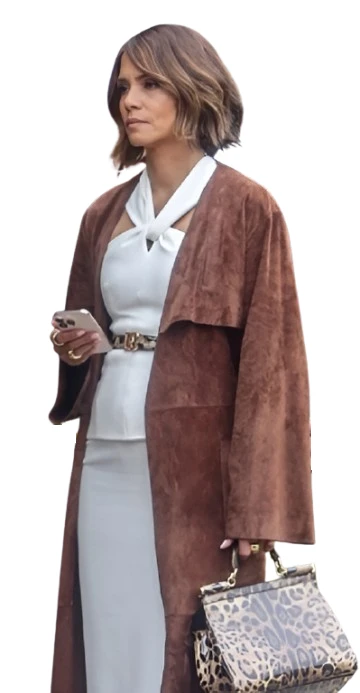 Halle Berry Brown Velvet Trench Coat