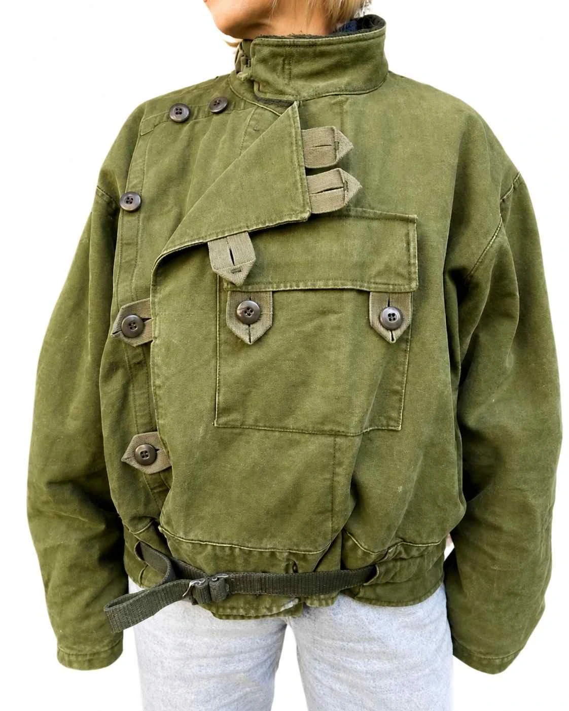 Women’s Olive Green Military Cotton Jacket with Asymmetrical Closure