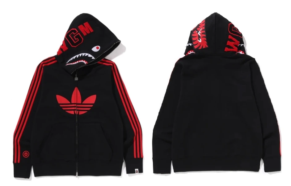 Adidas Shark Zip Up Hoodie Black Red Streetwear Front View