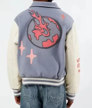 Amelie Zilber jacket, slanted bomber, grey varsity jacket, graphic bomber jacket, white sleeve jacket, women varsity jacket, celebrity bomber jacket, trendy women jacket