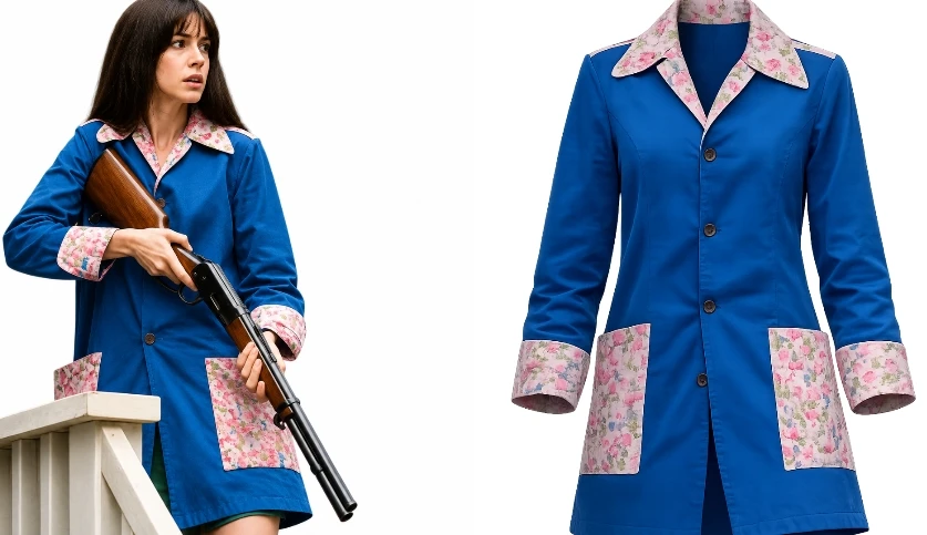 Anne Hathaway wearing The End of Oak Street 2026 Blue Floral Coat