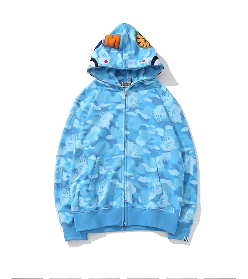 Bape blue camouflage shark hoodie zip up streetwear hoodie for men and women