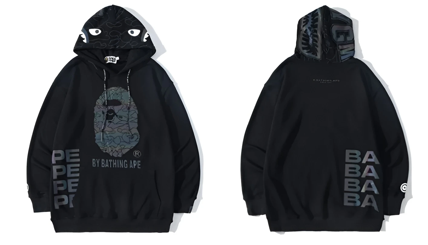 Bape Men's Winter Shark A Bathing Ape Black Pullover Hoodie Bape men's winter shark A Bathing Ape black pullover hoodie fleece streetwear hoodie